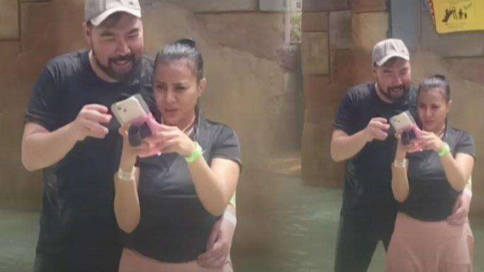 Amy, istri sah Aden Wong, membagikan foto sang suami dengan pedangdut Tisya Erni, basah-basahan main di wahana air. (foto: Istimewa)