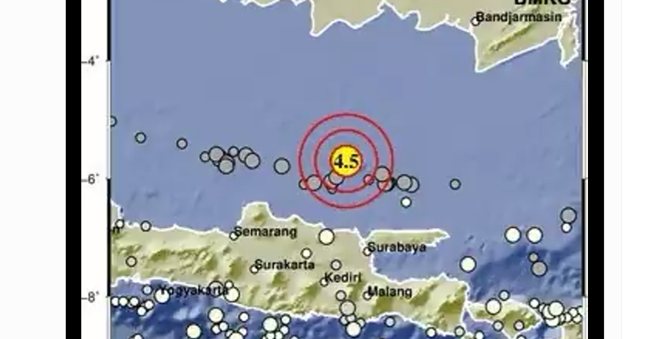 Gempa Tuban yang terjadi terakhir pada pukul 16.14 WIB, sebesar 4,5 Magnitudo. (Foto: Twitter @BMKG)