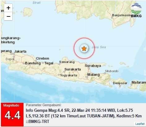 Lokasi gempa susulan terjadi di Tuban, Jumat 22 Maret 2024. (Foto: BMKG)