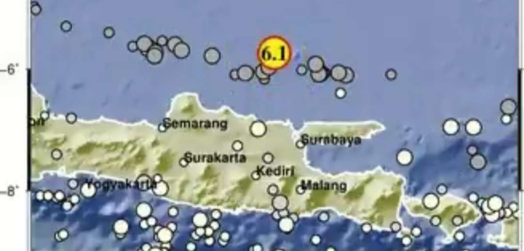 Gempa berkekuatan 6,1 SR di Timur Laut Tuban, yang terasa getarannya hingga Kota Surabaya. (Foto: X @infobmkg)