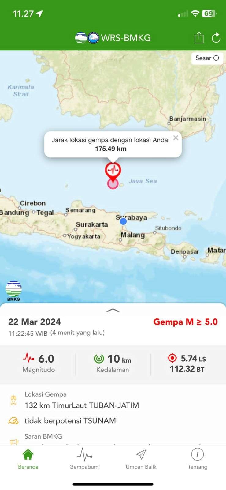 Gempa guncang Tuban, getaran terasa hingga Surabaya, Jumat 22 Maret 2024. (Foto: BMKG)