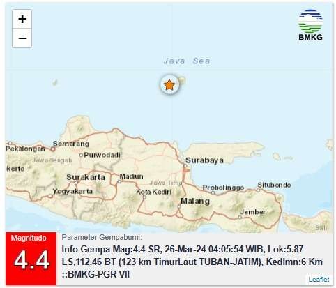 Peta gempa yang terjadi di perairan Tuban, Selasa 26 Maret 2024 dini hari. (Foto: BMKG)