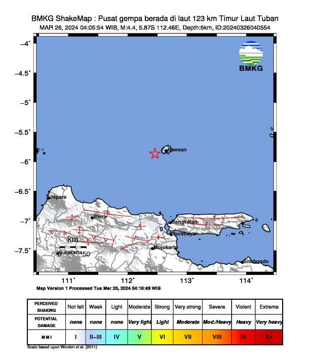 Gempa bumi magnitude 4,4  Kembali terjadi di perairan di Kabupaten Tuban pada Selasa 26-3-2024. (Foto: dok. bmkg)