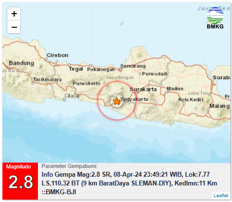 Gempa Bumi di Sleman, DI Yogyakarta pada Senin malam 8 April 2024. (Foto: bmkg)
