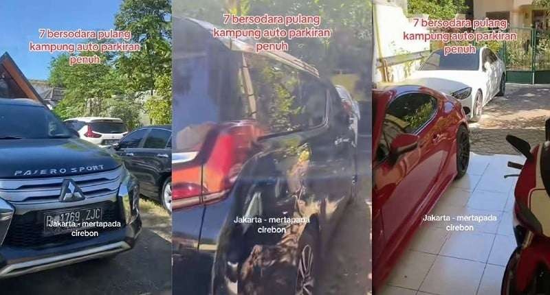 Momen spesial 7 saudara mudik membawa mobil mewah hingga parkir halamannya penuh ini viral. (Foto: Tiktok)