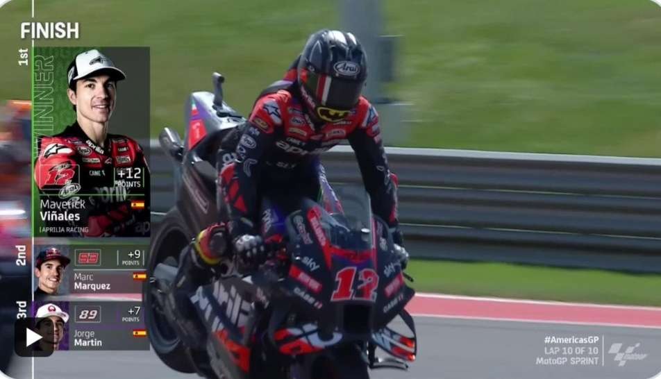 Maverick Vinales juara sprint race MotoGP Amerika, Minggu 14 April 2024 dini hari waktu Indonesia. (Foto: X MotoGP)