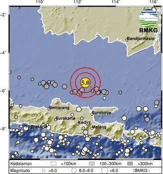 Titik koordinat gempa bumi di timur laut Tuban, Jawa Timur (dok. BMKG Tuban)