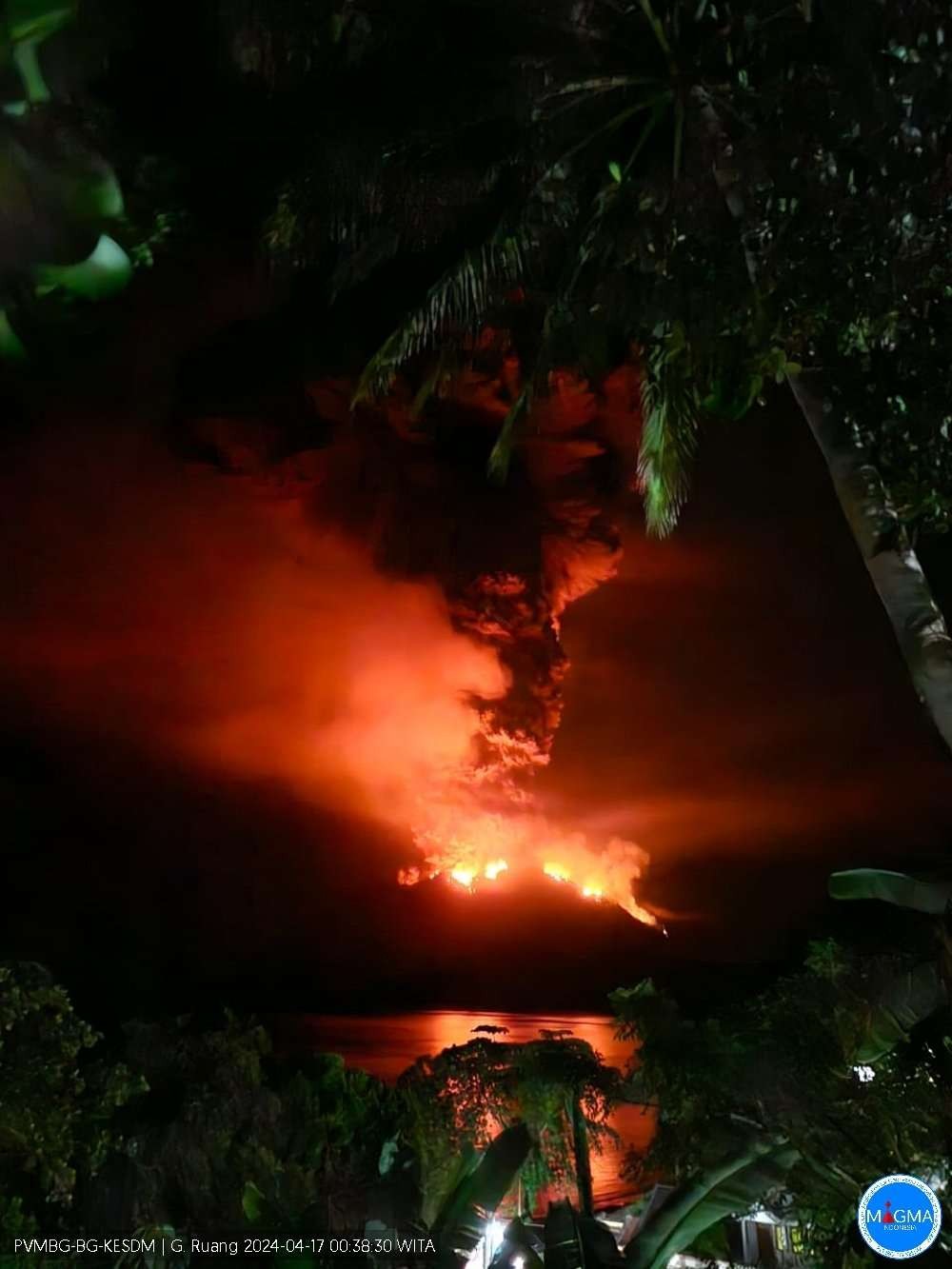 Gunung Ruang di Kabupaten Sitaro, Provinsi Sulawesi Utara, mengalami erupsi pada Selasa 16 April 2024 malam dan Rabu 17 April 2024 Dinihari. (Foto: dok. magma.esdm)