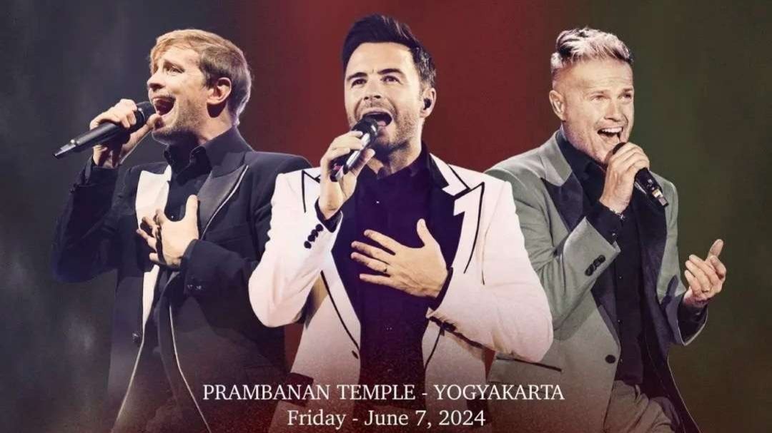 Shane Filan, Kian Egan, dan Nicky Byrne konser di Candi Prambanan, Yogyakarta, Jumat 7 Juni 2024. Mark Feehily absen karena pemilihan kesehatan. (Foto: Instagram)