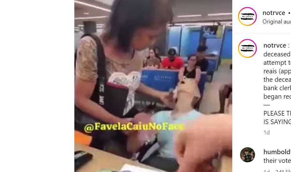 Video viral sosok nasabah perempuan membawa jasad laki-laki untuk meminjam uang di bank di Brazil. (Foto: Instagram)