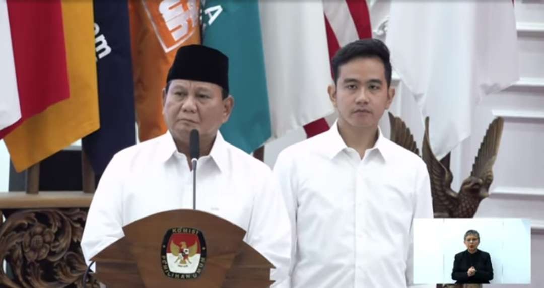 Presiden dan Wakil Presiden terpilih Pemilu 2024, Prabowo Subianto dan Gibran Rakabuming Raka. (Foto: YouTube KPU)