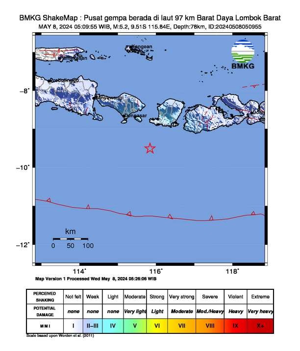 Gempa bumi di Kabupaten Lombok Barat, Provinsi NTB pada Rabu 8 Mei 2024. (Foto.dok bmkg)