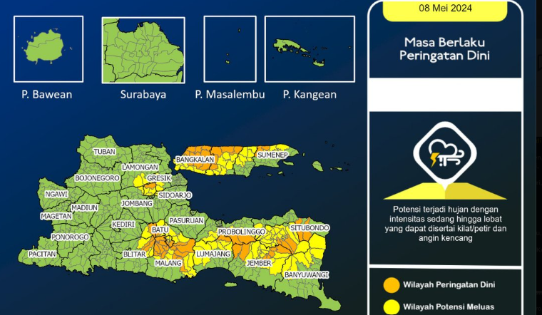 Badan Meteorologi, Klimatologi dan Geofisika (BMKG) Stasiun Klimatologi Juanda mengeluarkan peringatan cuaca ekstrem untuk sejumlah wilayah di Jawa Timur, pada Rabu 8 Mei 2024, sore hari ini. (Foto: Twittter @BMKG Juanda)