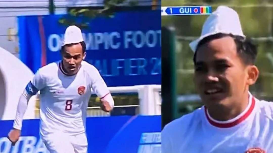 Perban di kepala kapten Timnas Indonesia, Witan Sulaiman bocor akibat benturan dengan pemain Guinea, Camara, jadi olok-olok netizen. (Foto: Tangkapan layar)